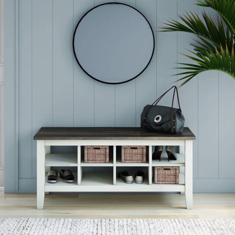 Twin Star Home Modern Farmhouse Two-Tone Storage Bench with Planked Top and Removable Dividers in Old Wood White | Bigbigmart.com