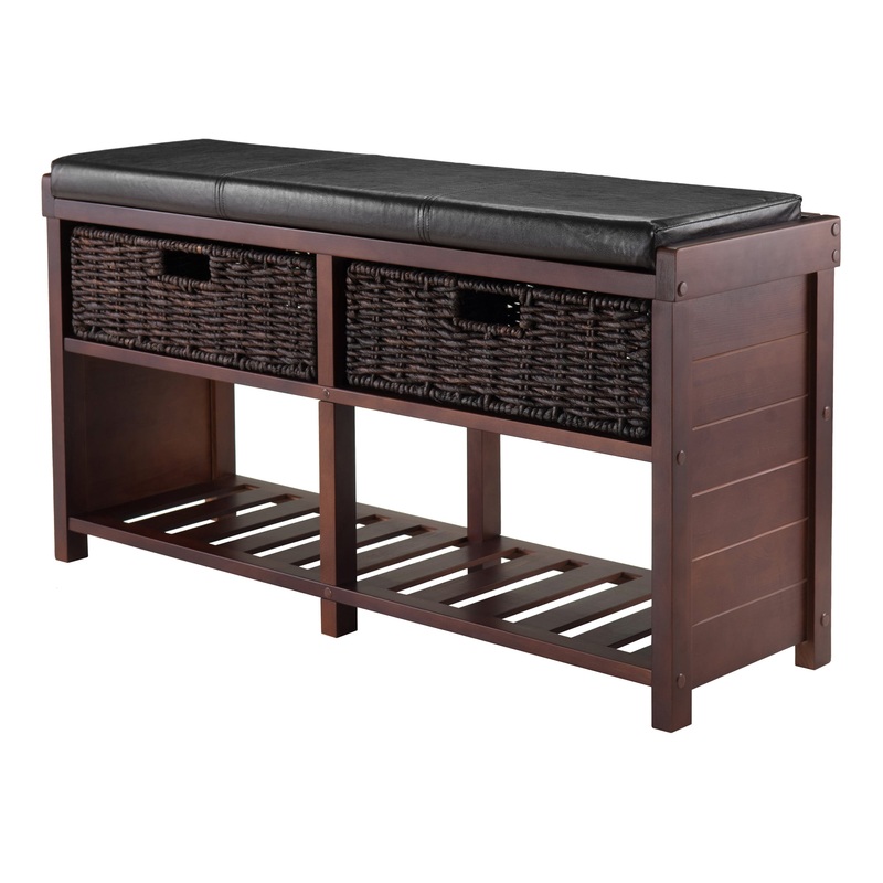 Winsome Wood Colin Storage Bench, Seat Cushion & 2 Foldable Chocolate Corn Husk Baskets, Cappuccino Finish | Bigbigmart.com