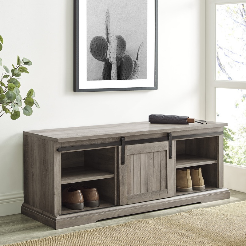 Woven Paths Dorset Grooved Sliding Barn Door Storage Bench, Gray Wash | Bigbigmart.com