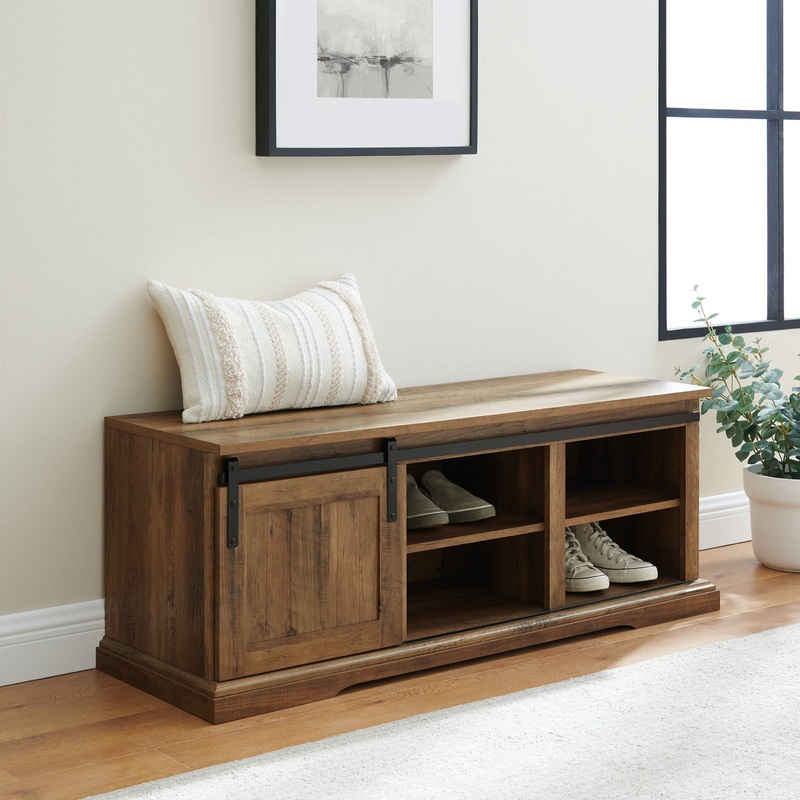 Woven Paths Dorset Grooved Sliding Barn Door Storage Bench, Reclaimed Barnwood | Bigbigmart.com