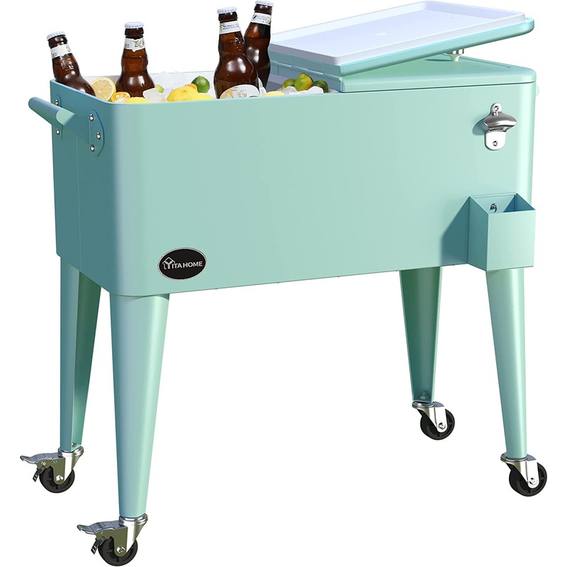 YITAHOME 80 Quart Rolling Cooler Cart with Bottle Opener Drainage, Portable Patio Cooler Rolling on Wheels, Outdoor Rolling Beverage Cart Drink Cooler for Patio Pool Deck Party Cookouts, Light Green | Bigbigmart.com