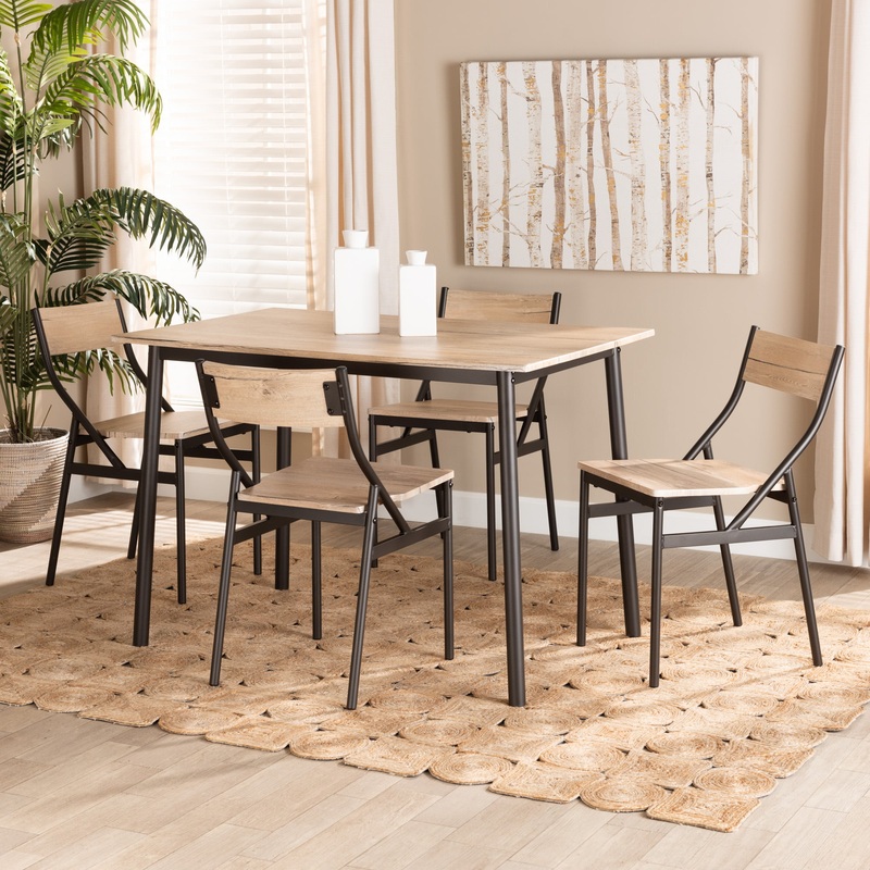 Baxton Studio Carmen Modern and Contemporary Oak Brown Finished Wood and Dark Brown Metal 5-Piece Dining Set | Bigbigmart.com