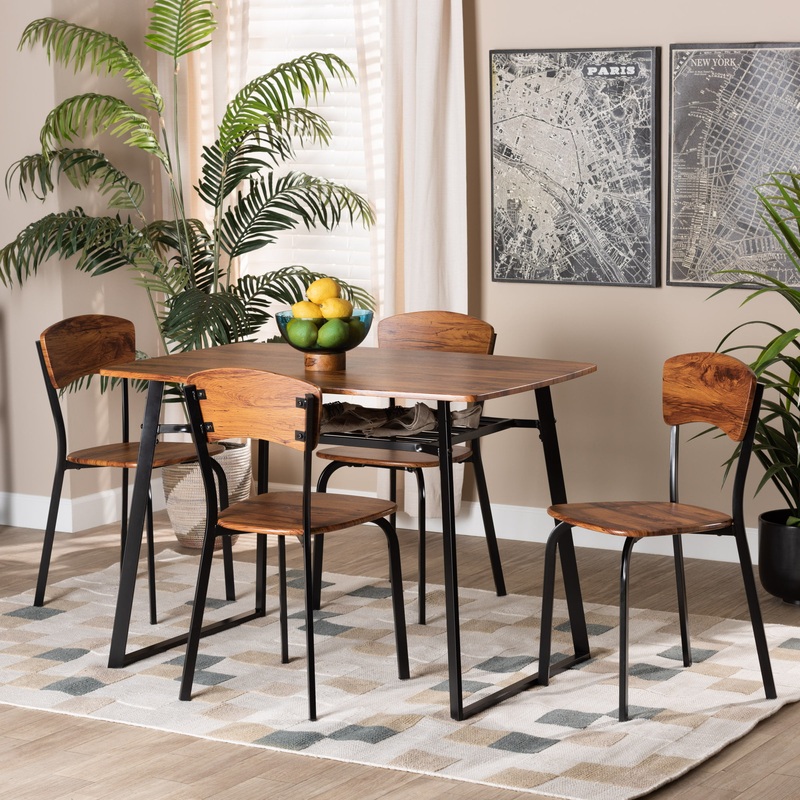 Baxton Studio Elida Modern and Contemporary Walnut Brown Finished Wood and Black Metal 5-Piece Dining Set | Bigbigmart.com