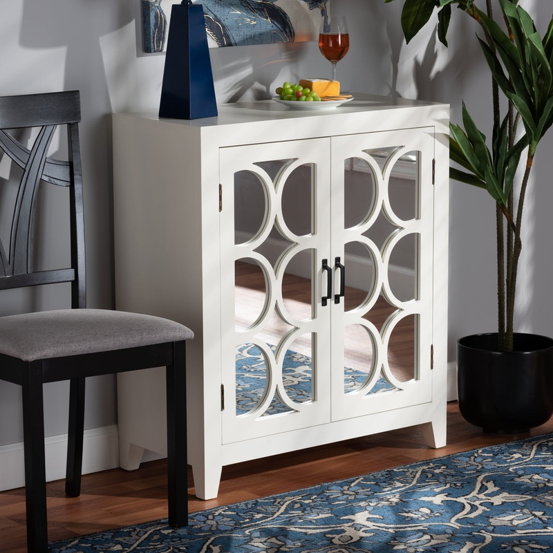 Baxton Studio Garcelle Modern and Contemporary White Finished Wood and Mirrored Glass 2-Door Sideboard | Bigbigmart.com