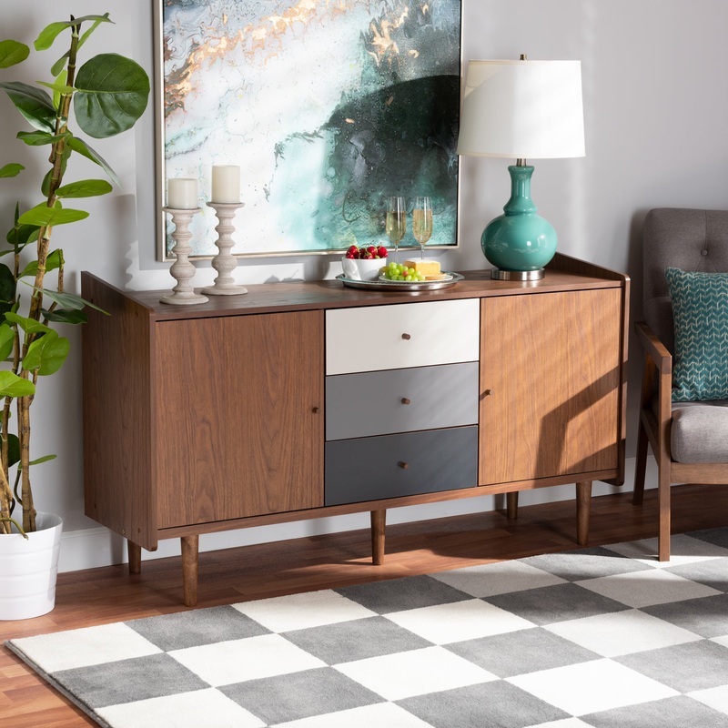 Baxton Studio Halden Mid-Century Modern Multicolor Walnut Brown and Grey Gradient Finished Wood 2-Door Dining Room Sideboard Buffet | Bigbigmart.com