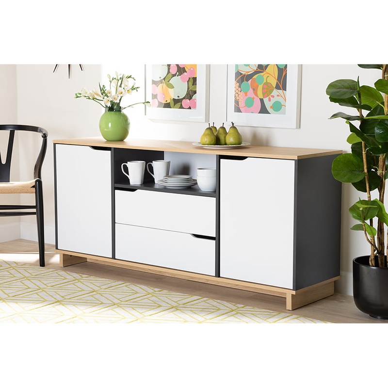 Baxton Studio Reed Mid-Century Modern Multicolor 2-Door Wood Dining Room Sideboard (White, Oak, Grey) | Bigbigmart.com