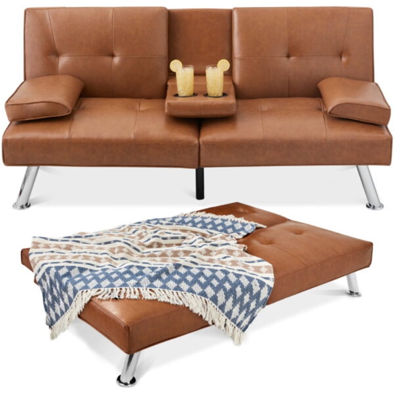 Best Choice Products Modern Faux Leather Convertible Futon Sofa w/ Removable Armrests, Metal Legs, 2 Cupholders – Tan | Bigbigmart.com