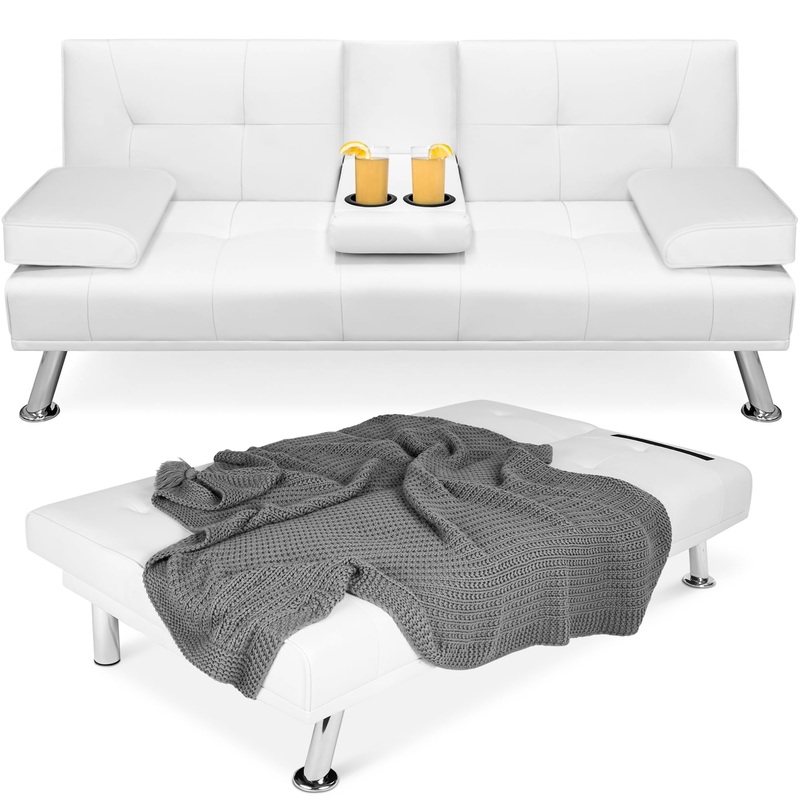 Best Choice Products Modern Faux Leather Convertible Futon Sofa w/ Removable Armrests, Metal Legs, 2 Cupholders – White | Bigbigmart.com