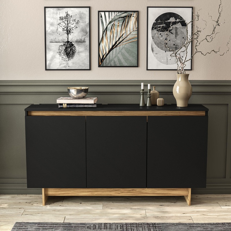 Boahaus Montresor Black Matte 29.75 x 53.38 Sideboard, 4-Cabinets, 3 Doors | Bigbigmart.com