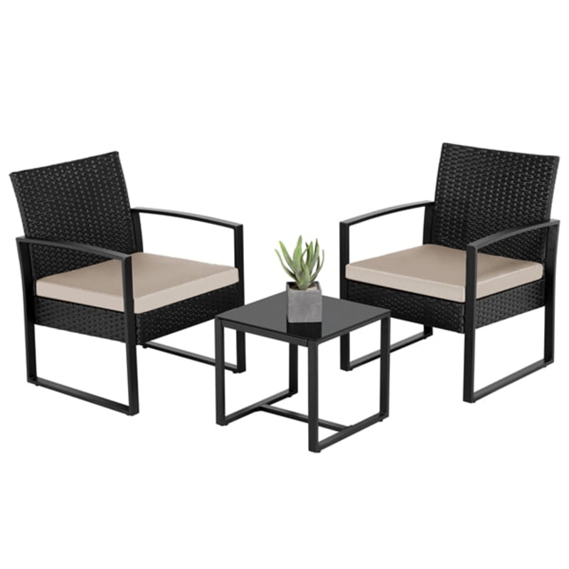 Easyfashion 3-Piece Bistro Set with Rattan Chairs for Outdoor, Beige Cushions | Bigbigmart.com