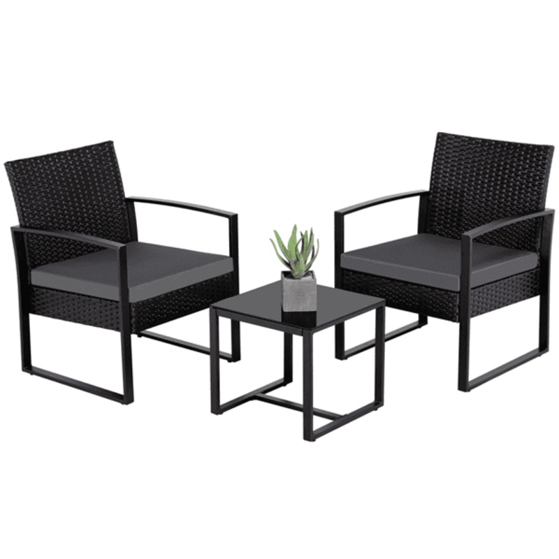 Easyfashion 3-Piece Bistro Set with Rattan Chairs for Outdoor Patio and Balcony, Black Cushions | Bigbigmart.com
