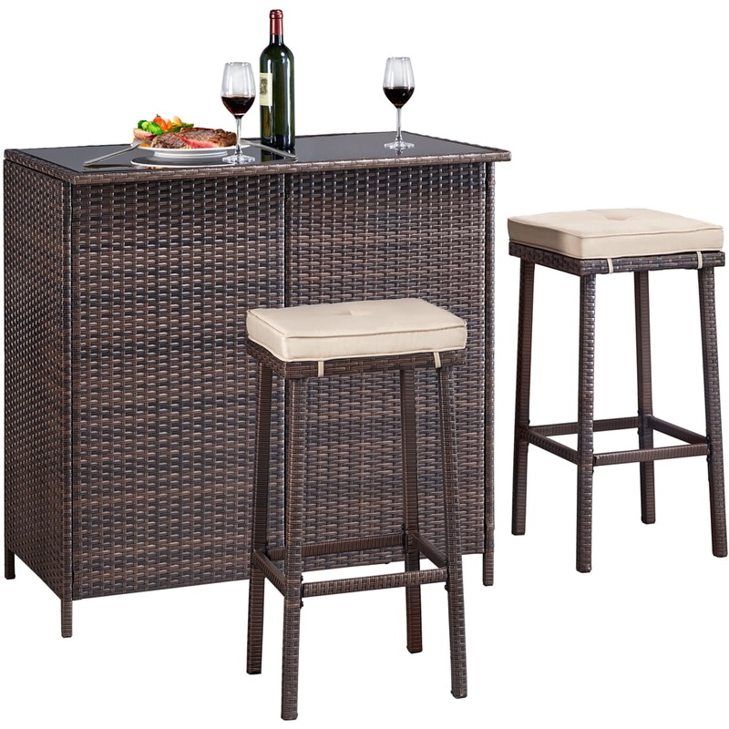 Easyfashion 3-Piece Outdoor Rattan Wicker Bar Set, Brown | Bigbigmart.com