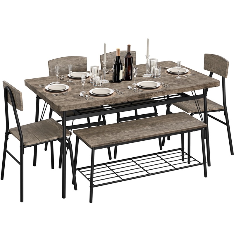 Easyfashion Dining Table Set with 4 Chairs and 1 Bench, Drift Brown | Bigbigmart.com