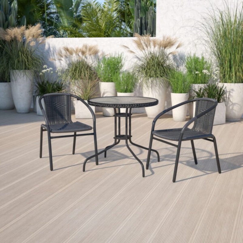 Flash Furniture 28” Round Glass Metal Table with Black Rattan Edging and 2 Black Rattan Stack Chairs | Bigbigmart.com