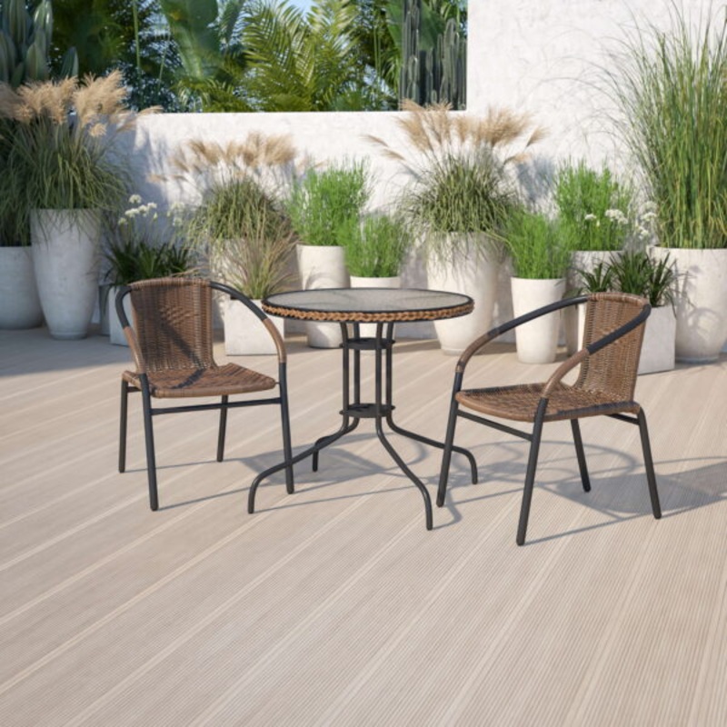 Flash Furniture 28” Round Glass Metal Table with Dark Brown Rattan Edging and 2 Dark Brown Rattan Stack Chairs | Bigbigmart.com