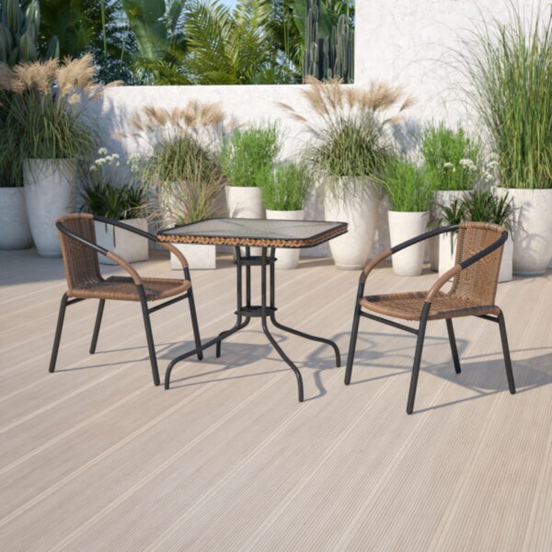 Flash Furniture 28” Square Glass Metal Table with Dark Brown Rattan Edging and 2 Dark Brown Rattan Stack Chairs | Bigbigmart.com