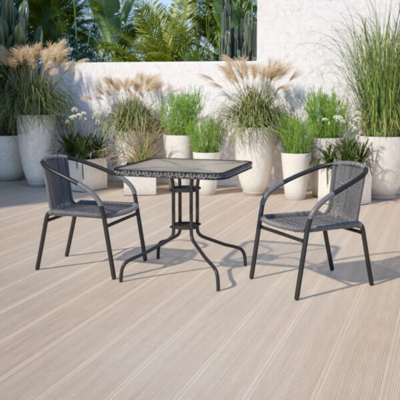 Flash Furniture 28” Square Glass Metal Table with Gray Rattan Edging and 2 Gray Rattan Stack Chairs | Bigbigmart.com