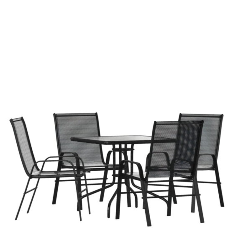 Flash Furniture Brazos Series 5-Piece Steel Glass Patio Table and Chair Set, Black | Bigbigmart.com