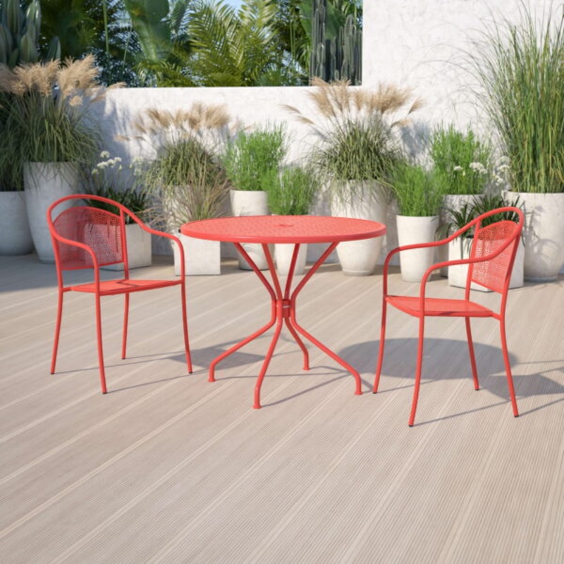 Flash Furniture Commercial Grade 35.25 Round Coral Indoor-Outdoor Steel Patio Table with Umbrella Hole | Bigbigmart.com