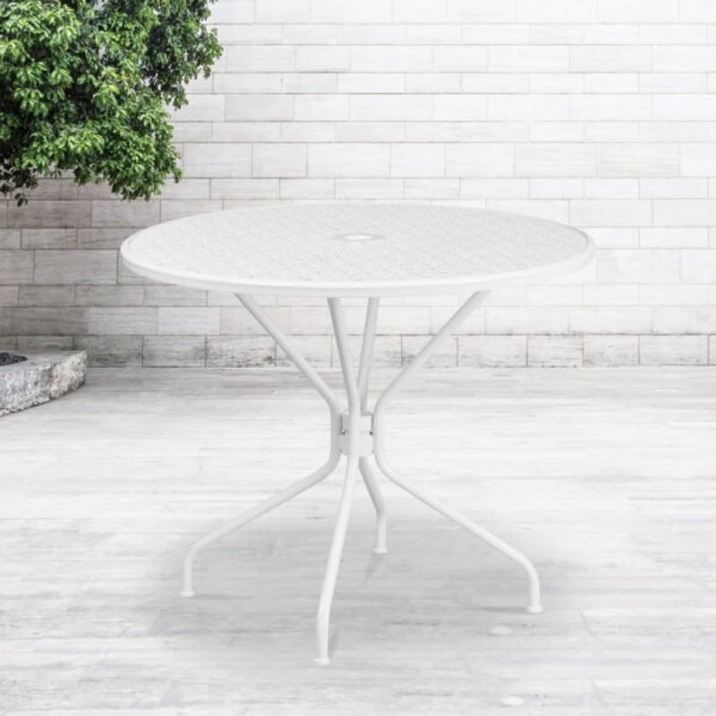 Flash Furniture Commercial Grade 35.25 Round White Indoor-Outdoor Steel Patio Table with Umbrella Hole | Bigbigmart.com