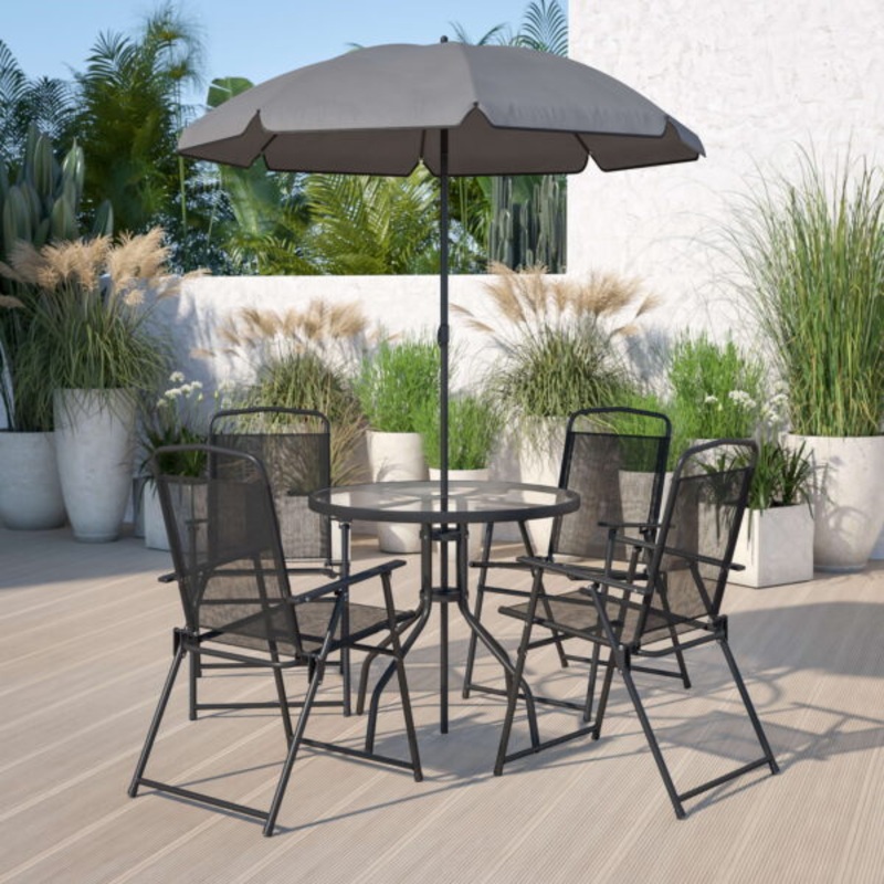 Flash Furniture Nantucket 6 Piece Black Patio Garden Set with Umbrella Table and Set of 4 Folding Chairs | Bigbigmart.com