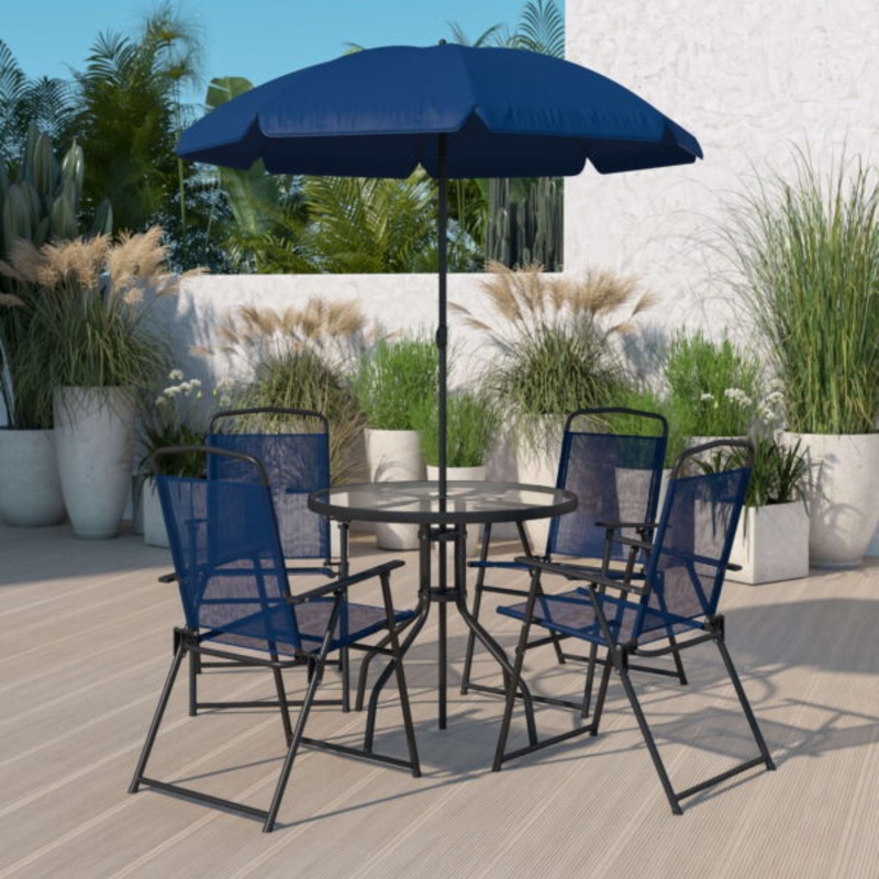 Flash Furniture Nantucket 6 Piece Navy Patio Garden Set with Umbrella Table and Set of 4 Folding Chairs | Bigbigmart.com