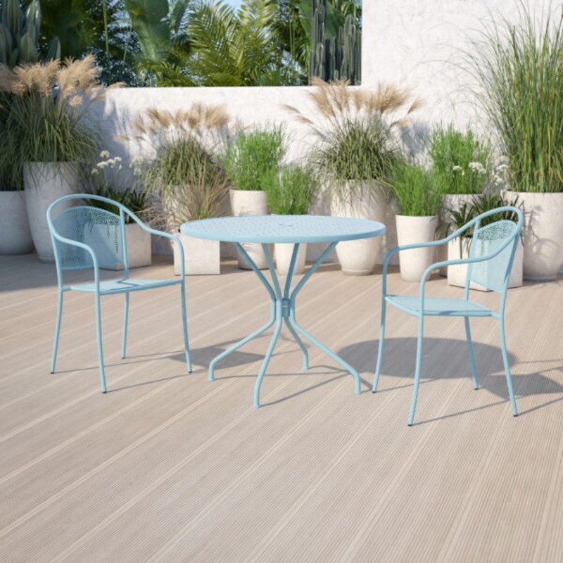 Flash Furniture Oia Commercial Grade 35.25 Round Sky Blue Indoor-Outdoor Steel Patio Table with Umbrella Hole | Bigbigmart.com