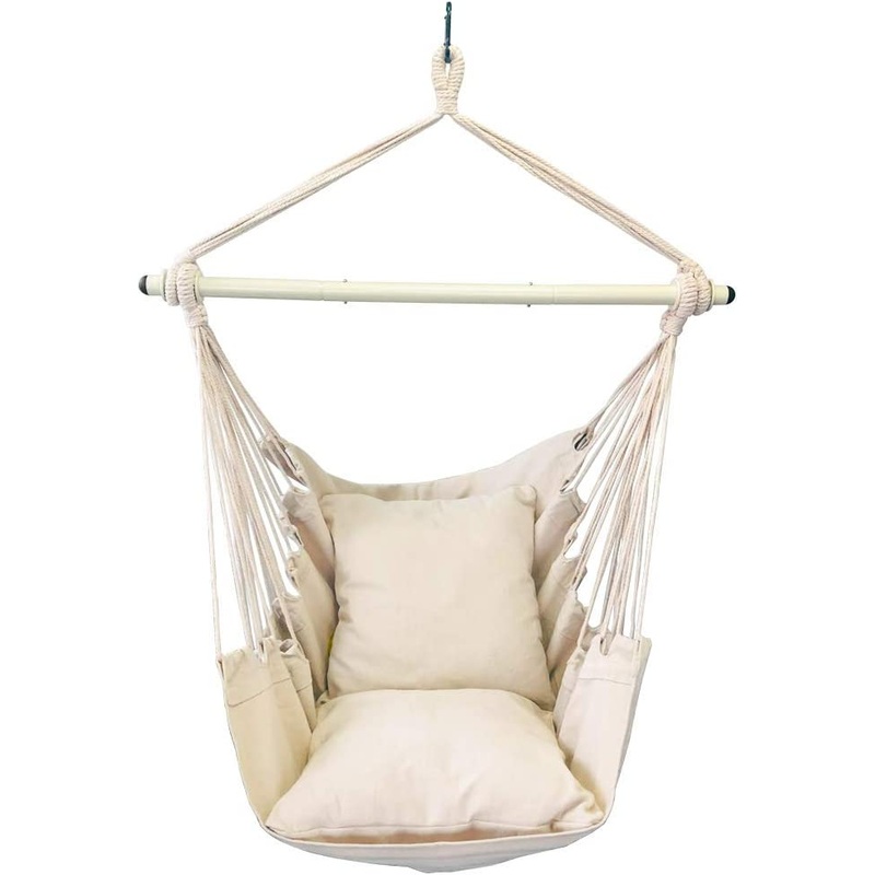 Highwild Hammock Chair Hanging Rope Swing – Max 500 Lbs – 2 Cushions Included – Steel Spreader Bar with Anti-Slip Rings – for Any Indoor or Outdoor Spaces (Beige) | Bigbigmart.com