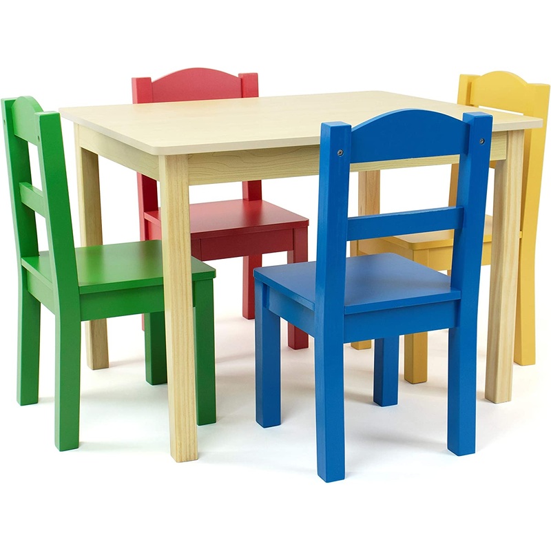 Humble Crew Collection Kids Wood Table & 4 Chair Set, Natural/Primary | Bigbigmart.com