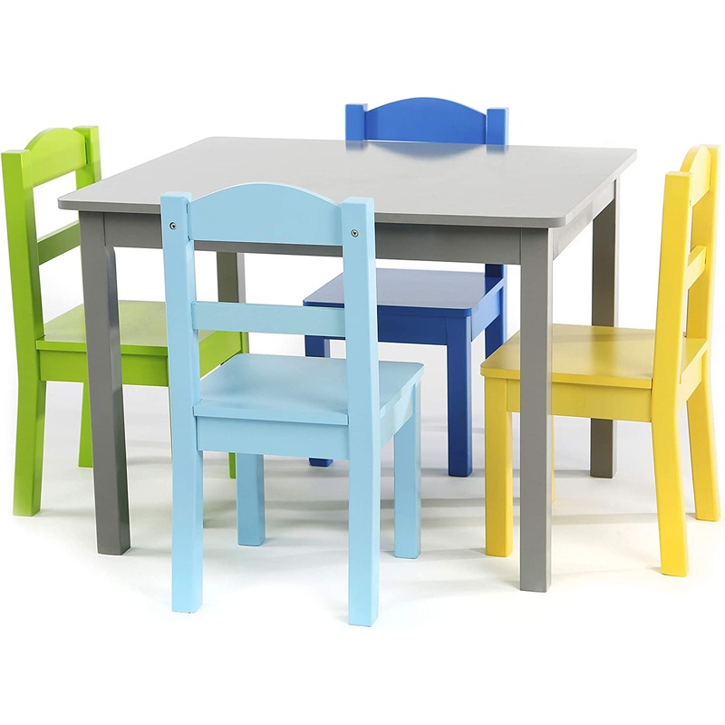 Humble Crew, Grey/Blue/Green/Yellow Kids Wood Table and 4 Chairs Set | Bigbigmart.com