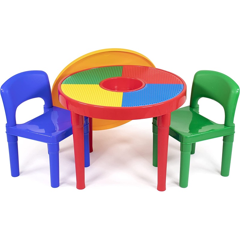 Humble Crew, Red/Green/Blue Kids 2-in-1 Plastic Building Blocks-Compatible Activity Table and 2 Chairs Set, Round, Primary Colors | Bigbigmart.com