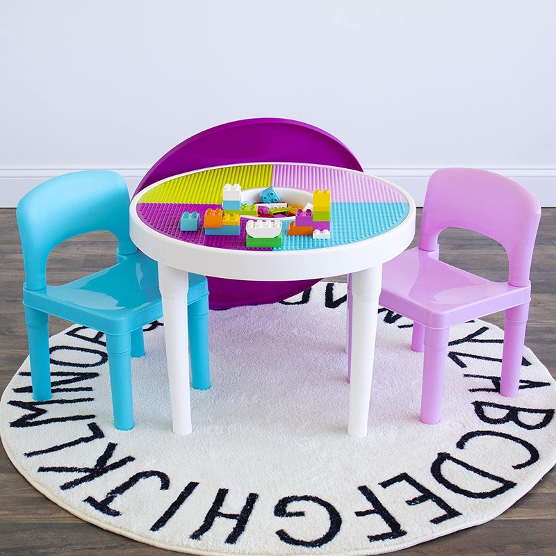 Humble Crew, White/Blue/Pink Kids 2-in-1 Plastic Building Blocks-Compatible Activity Table and 2 Chairs Set, Light Colors | Bigbigmart.com