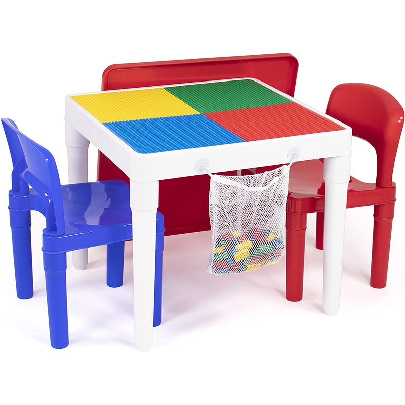 Humble Crew, White/Blue/Red Kids 2-in-1 Plastic Building Blocks-Compatible Activity Table and 2 Chairs Set, Square, Toddler | Bigbigmart.com