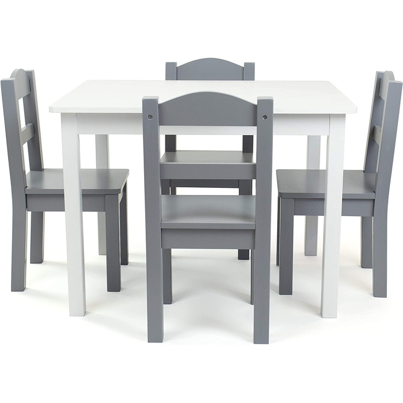 Humble Crew, White/Grey Kids Wood Table and 4 Chairs Set | Bigbigmart.com