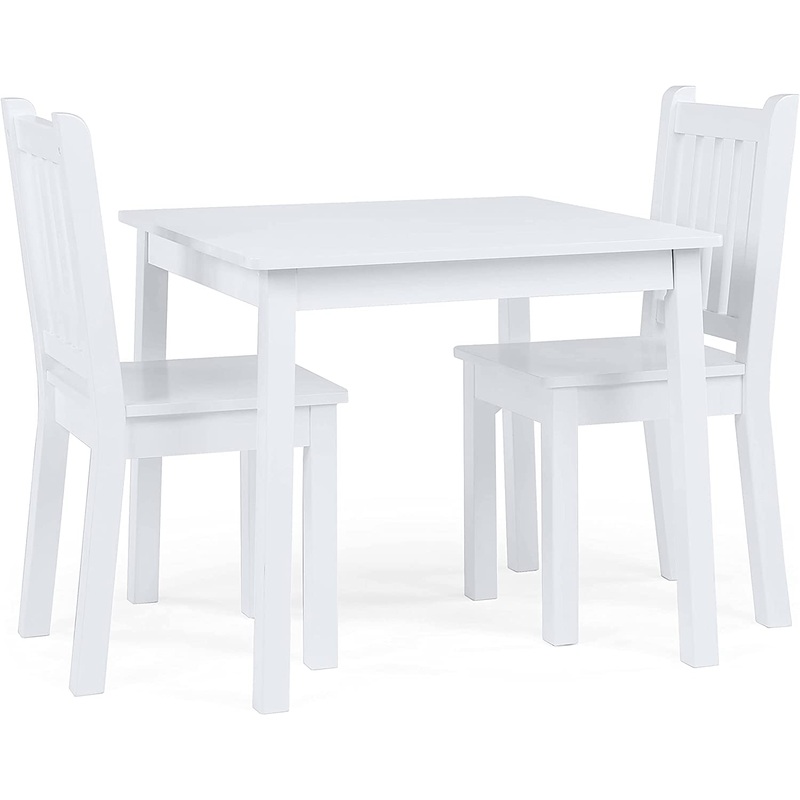 Humble Crew, White Kids Wood Square Table and 2 Chairs Set | Bigbigmart.com