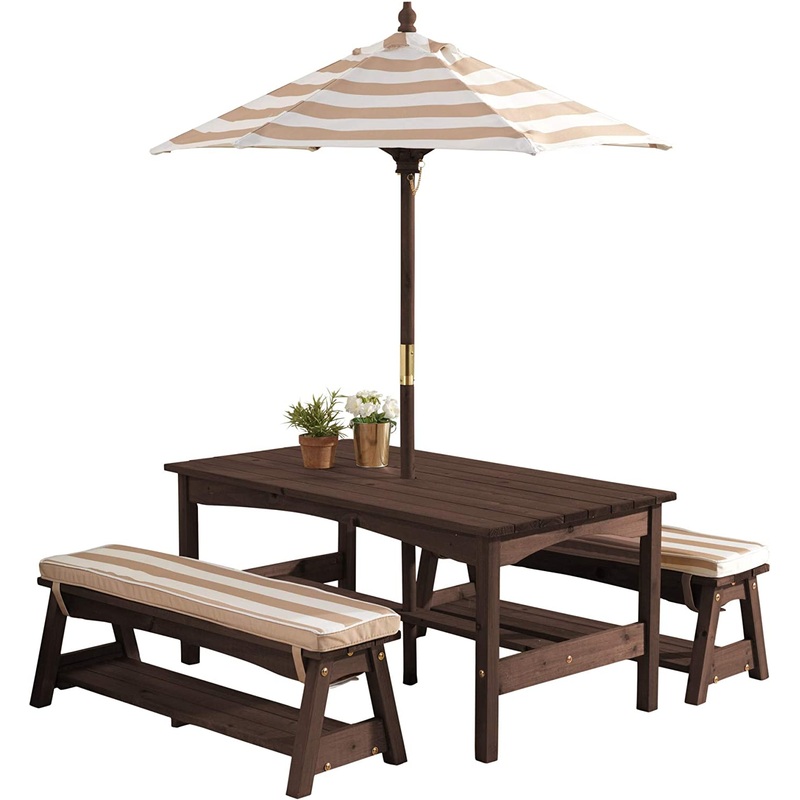 KidKraft Outdoor Wooden Table & Bench Set with Cushions and Umbrella, Kids Backyard Furniture, Espresso with Oatmeal and White Stripe Fabric, Gift for Ages 3-8, 42.25 x 22.75 x 19, Honey | Bigbigmart.com