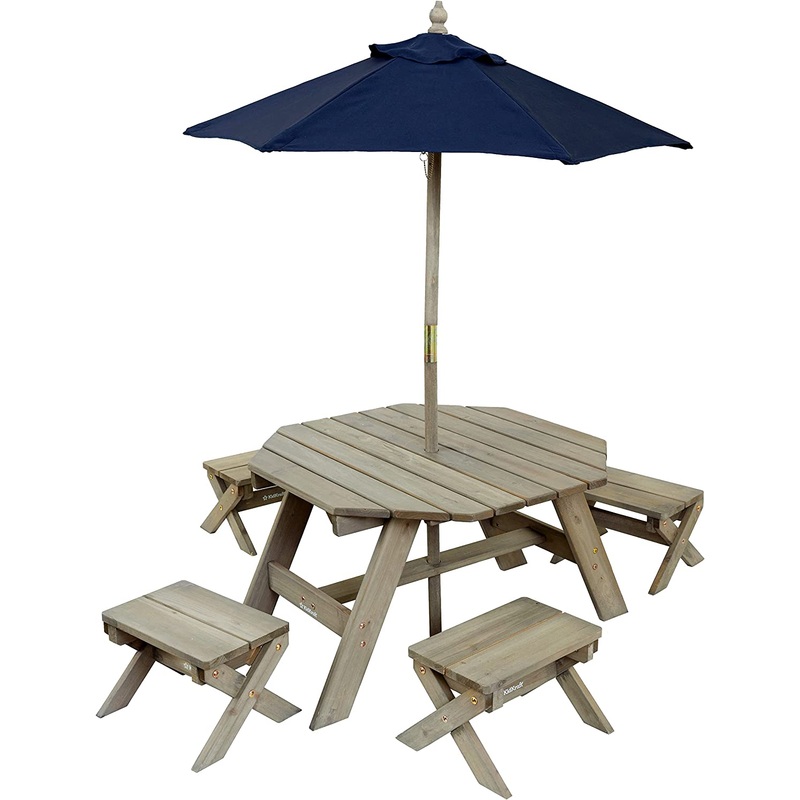 KidKraft Wooden Octagon Table, Stools & Umbrella Set, Kids Outdoor Furniture, Barnwood Gray & Navy | Bigbigmart.com