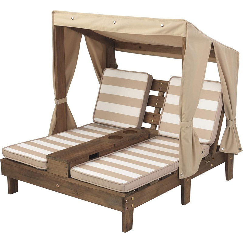 KidKraft Wooden Outdoor Double Chaise Lounge with Cup Holders, Patio Furniture for Kids or Pets, Espresso with Oatmeal and White Striped Fabric | Bigbigmart.com
