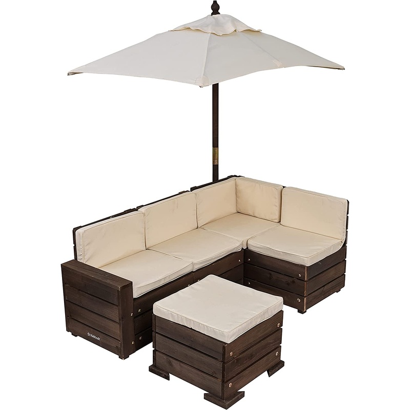 KidKraft Wooden Outdoor Sectional Ottoman & Umbrella Set with Cushions, Patio Furniture for Kids or Pets, Bear Brown & Beige | Bigbigmart.com
