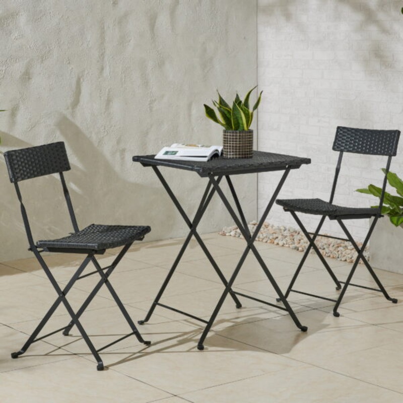 Lavish Home Folding Patio Bistro Set  3-Piece Rattan Wood and Steel Caf Table and Chairs, Black | Bigbigmart.com