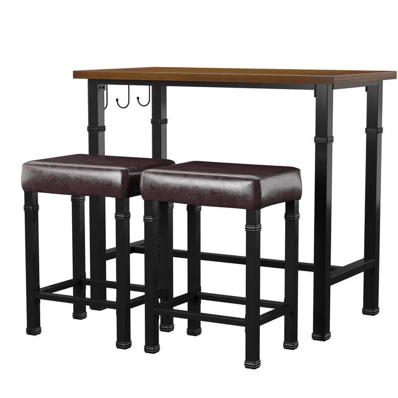 Linon Austin 3-Piece Casual Dining Tavern Set, 24 Seat Height, Black Metal Finish with Brown Fabric | Bigbigmart.com