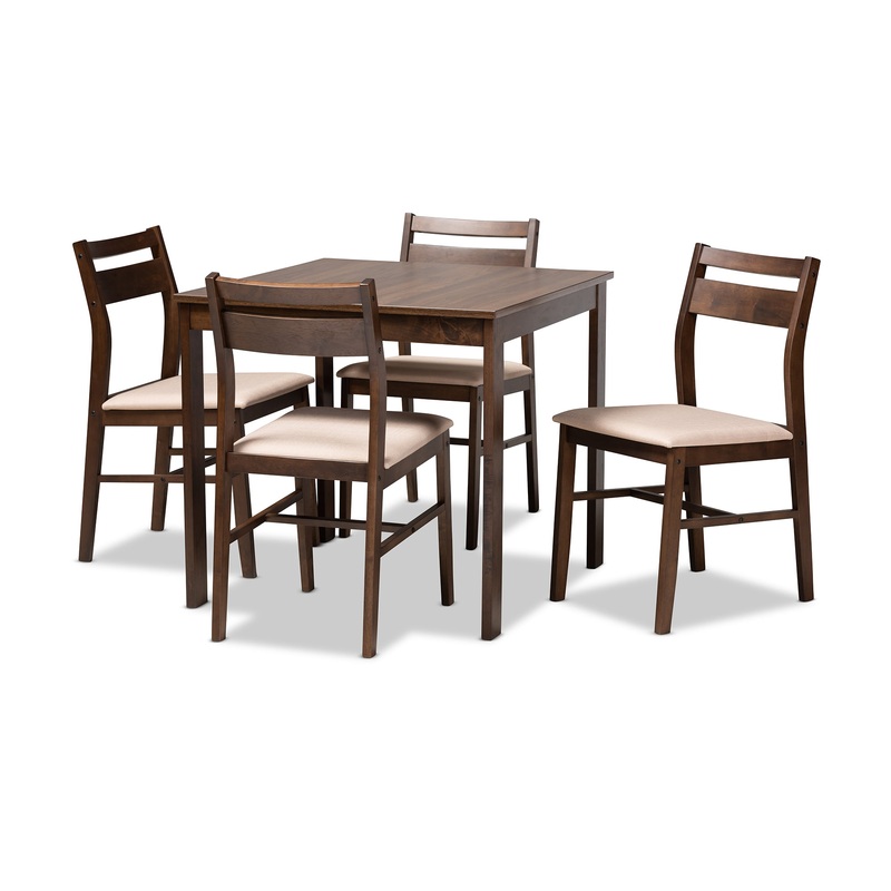 Lovy Modern and Contemporary Beige Fabric Upholstered Dark Walnut-Finished 5-Piece Wood Dining Set | Bigbigmart.com