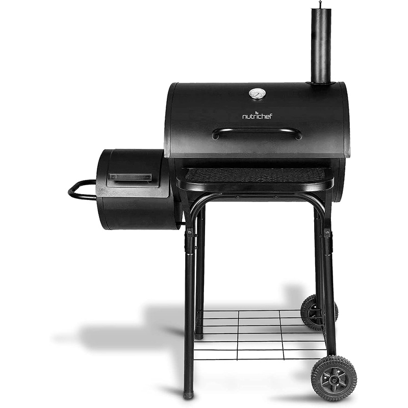 NutriChef Kitchen Charcoal Grill Offset Smoker with Cover, Portable Stainless Steel Grill, Outdoor Camping BBQ and Barrel Smoker (Black) | Bigbigmart.com