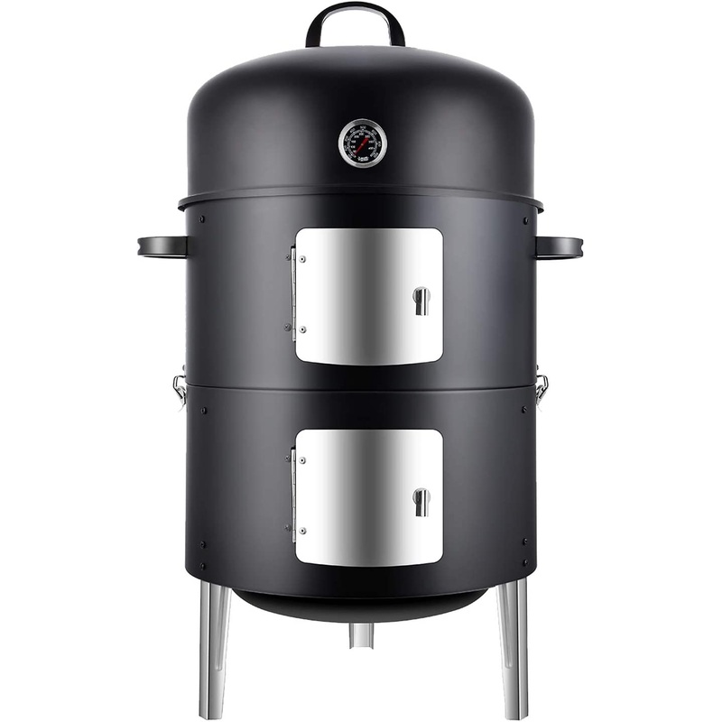 Realcook Vertical 17 Inch Steel Charcoal Smoker, Heavy Duty Round BBQ Grill for Outdoor Cooking, Black | Bigbigmart.com