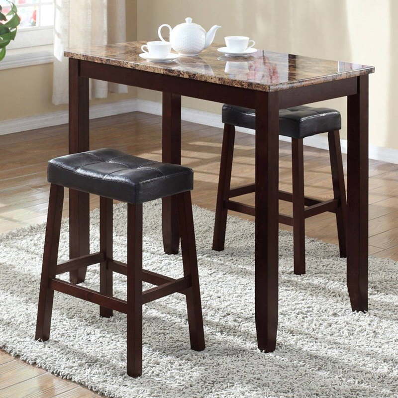 Roundhill Furniture 3-Piece Counter Height Glossy Print Marble Breakfast Table with Stools, Espresso | Bigbigmart.com