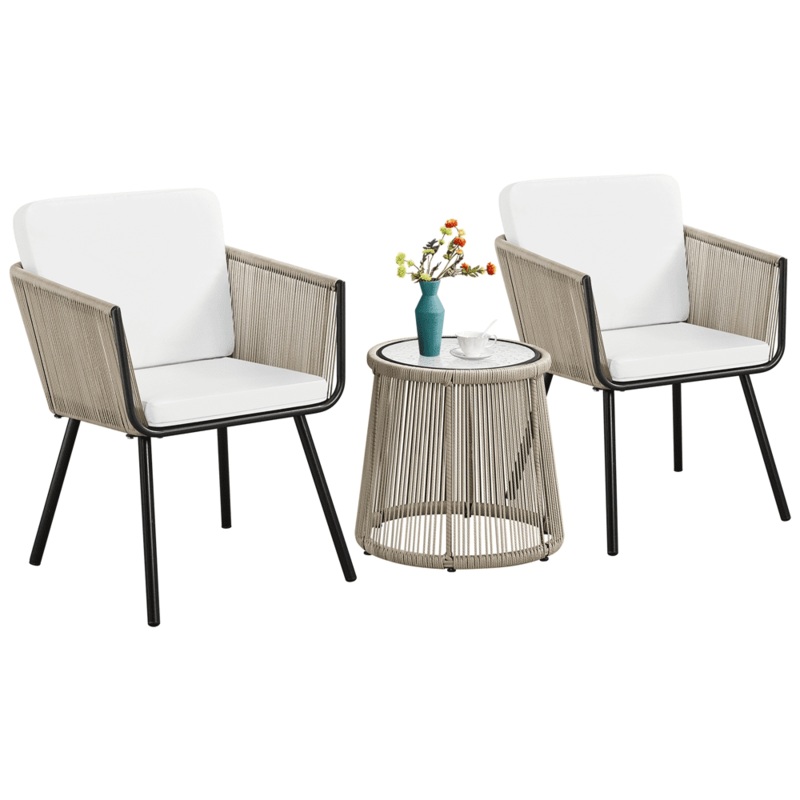 SMILE MART 3-Piece Outdoor Metal Frame Wicker Bistro Set 2 Chairs and Tempered Glass Top Side Table, Tan | Bigbigmart.com