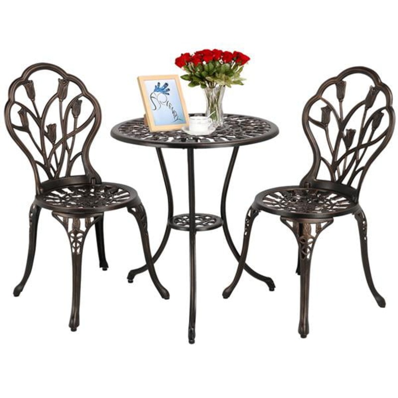 Smile Mart Aluminum 3-Piece Bistro Set with Table & Chairs for Outdoors, Bronze | Bigbigmart.com