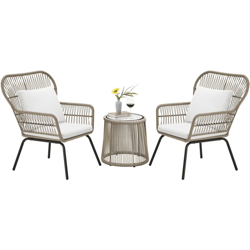 SMILE MART Outdoor 3-piece Synthetic Wicker Patio Set with Cushions, Tan | Bigbigmart.com