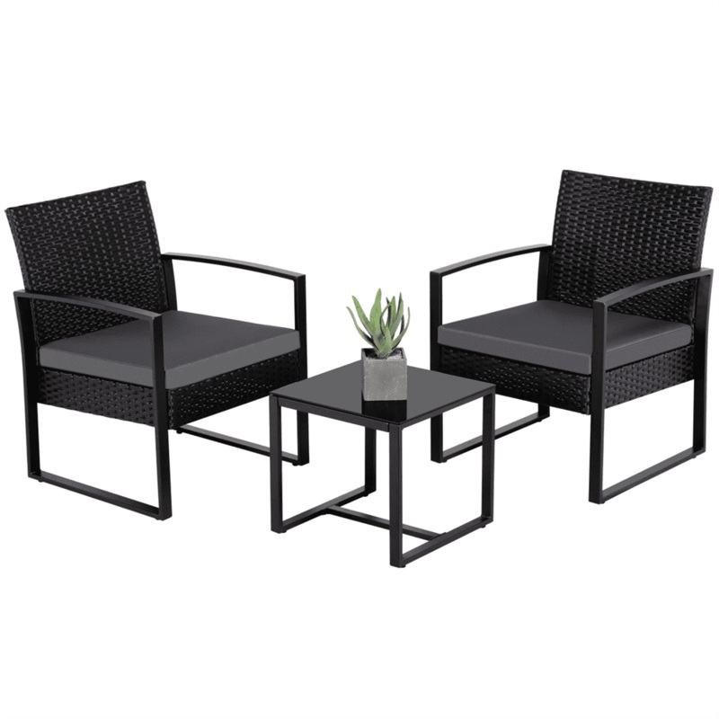 SmileMart 3-Piece Bistro Set with Rattan Chairs for Outdoor Patio and Balcony, Black Cushions | Bigbigmart.com