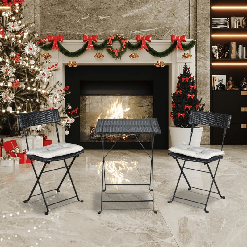 SUGIFT Folding Bistro Set One Table With Two Chairs And Two Beige Cushion Patio Beach Pool Black PE Wicker | Bigbigmart.com